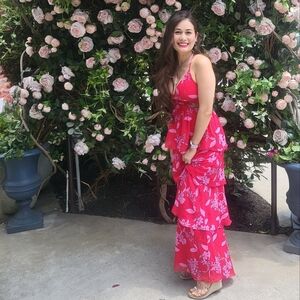 EXPRESS Pink/Red Floral Print Tier Ruffle Dress XS